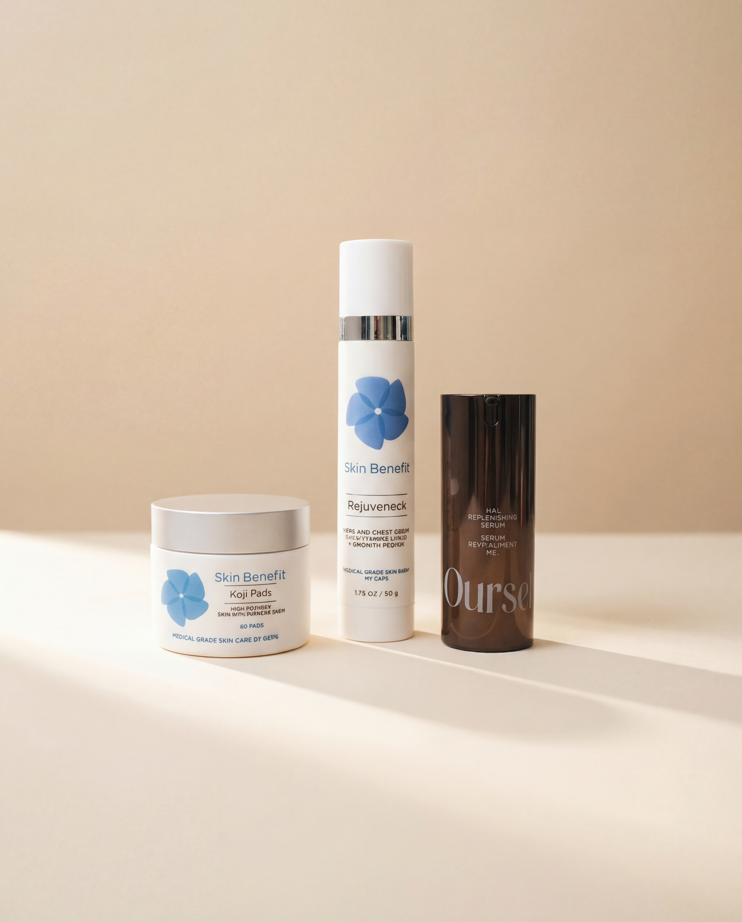 Medical-grade anti-aging skincare system including Koji Pads, Replenishing Serum, and Rejuveneck growth factor treatment from Cool Springs Plastic Surgery.